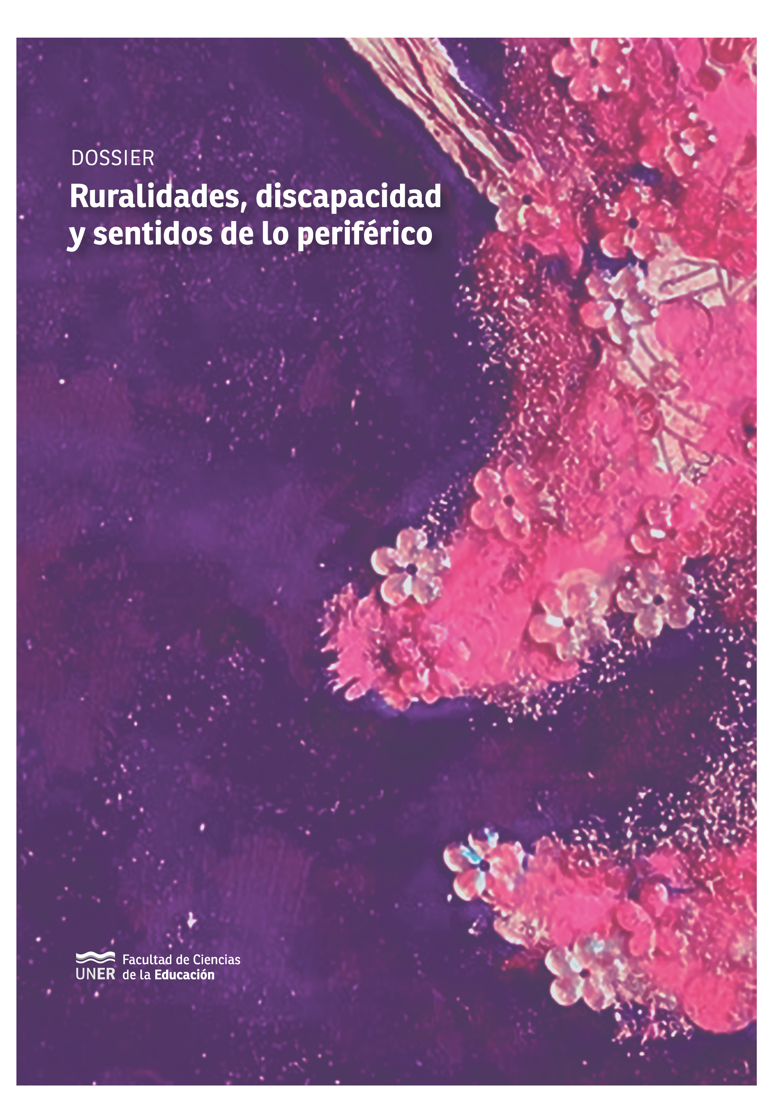 Portada del dossier “Ruralidades, discapacidad y sentidos de lo periférico”, publicado en el número 12 de Educación y Vínculos. Revista de Estudios Interdisciplinarios en Educación.    La imagen de fondo es un fragmento de la pintura “Debajo del cerezo”, realizada en técnica mixta sobre madera por Shino Guatabe. En el recorte se observa parte del follaje del árbol, en color rosa, con flores de cerezo realizadas en origami. El fondo es de color violeta, con pinceladas más claras y brillos que le aportan textura.     Por encima de la imagen, en la esquina superior izquierda, está escrito con blanco el título del dossier. Sobre la esquina inferior izquierda, está colocado el isologotipo de la Facultad de Ciencias de la Educación de la Universidad Nacional de Entre Ríos, de color blanco. 